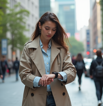 Mode en 2031 : Les Tendances et Innovations à Prévoir ! Jeune femme en trench intelligent dans une ville moderne