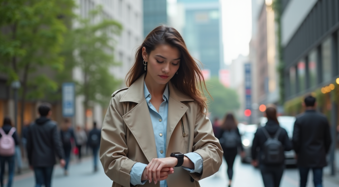 Jeune femme en trench intelligent dans une ville moderne