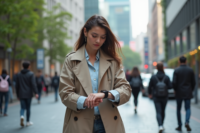 Jeune femme en trench intelligent dans une ville moderne