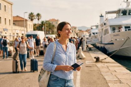 Femme heureuse préparant son voyage en Méditerranée sur un quai animé
