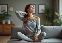Femme en yoga relaxe dans un salon cosy