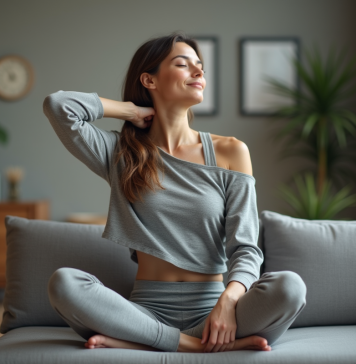 Soulager les douleurs corporelles : Astuces efficaces pour se sentir mieux Femme en yoga relaxe dans un salon cosy