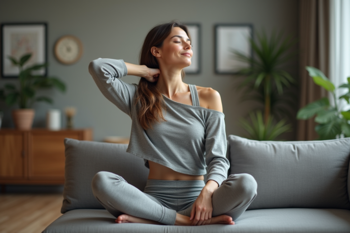 Femme en yoga relaxe dans un salon cosy