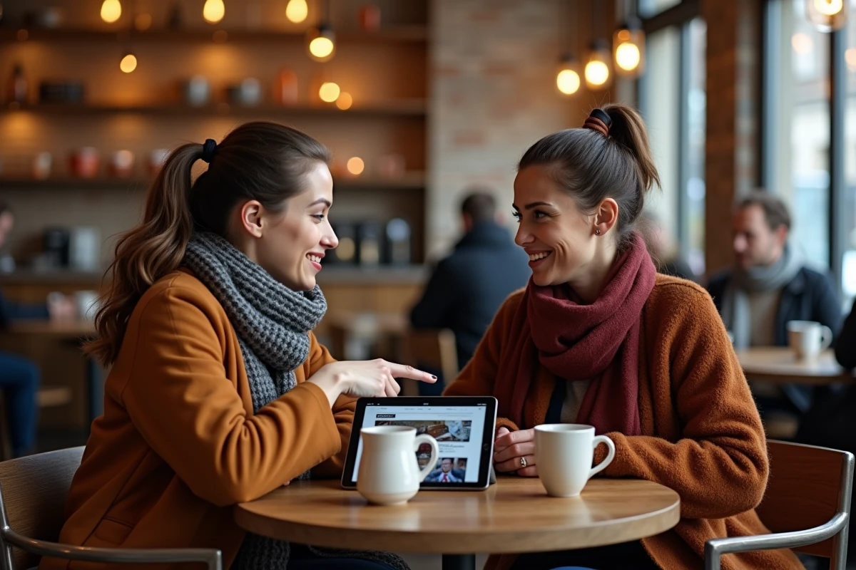 Deux femmes discutant d'informations médiatiques autour d'une tablette dans un café, représentant le partage et la vérification de contenus circulant sur les réseaux sociaux