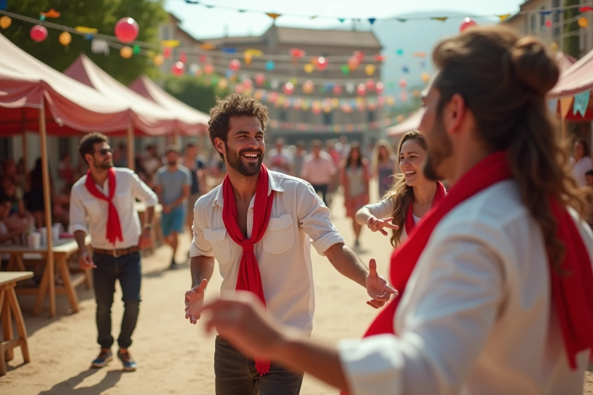 Feria traditionnelle à Eauze dans le Gers avec des festivaliers en tenue blanche et rouge dansant en plein air