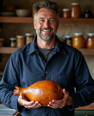 Paysans français tenant un foie gras avec fierté dans une cuisine rustique