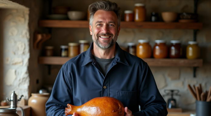 Paysans français tenant un foie gras avec fierté dans une cuisine rustique