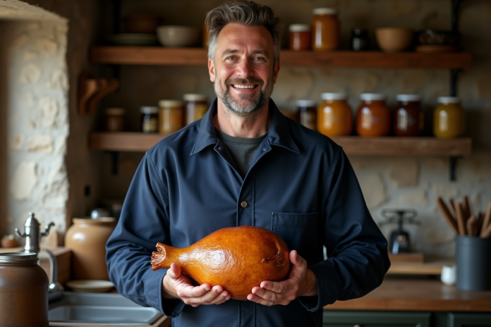 fermier-french-foie-gras Paysans français tenant un foie gras avec fierté dans une cuisine rustique