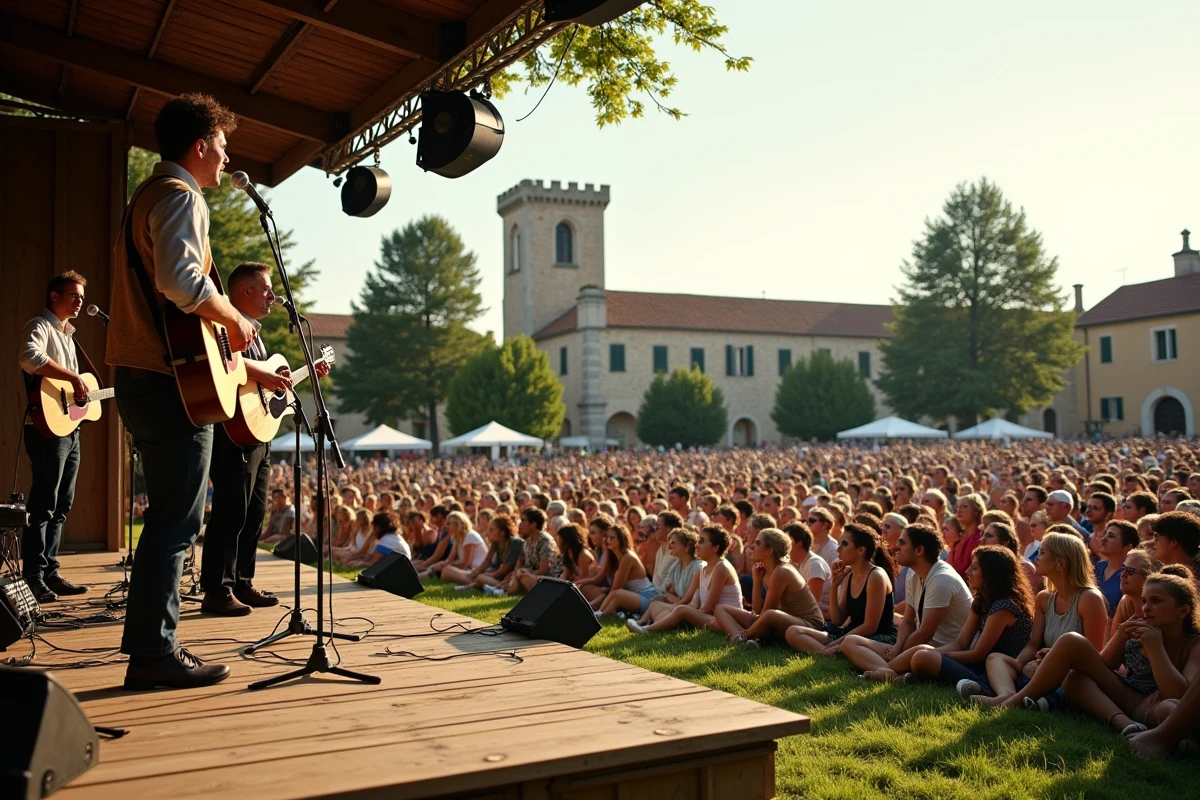 Concert de musique folk en plein air lors d'un festival estival à Eauze avec l'église médiévale en arrière-plan