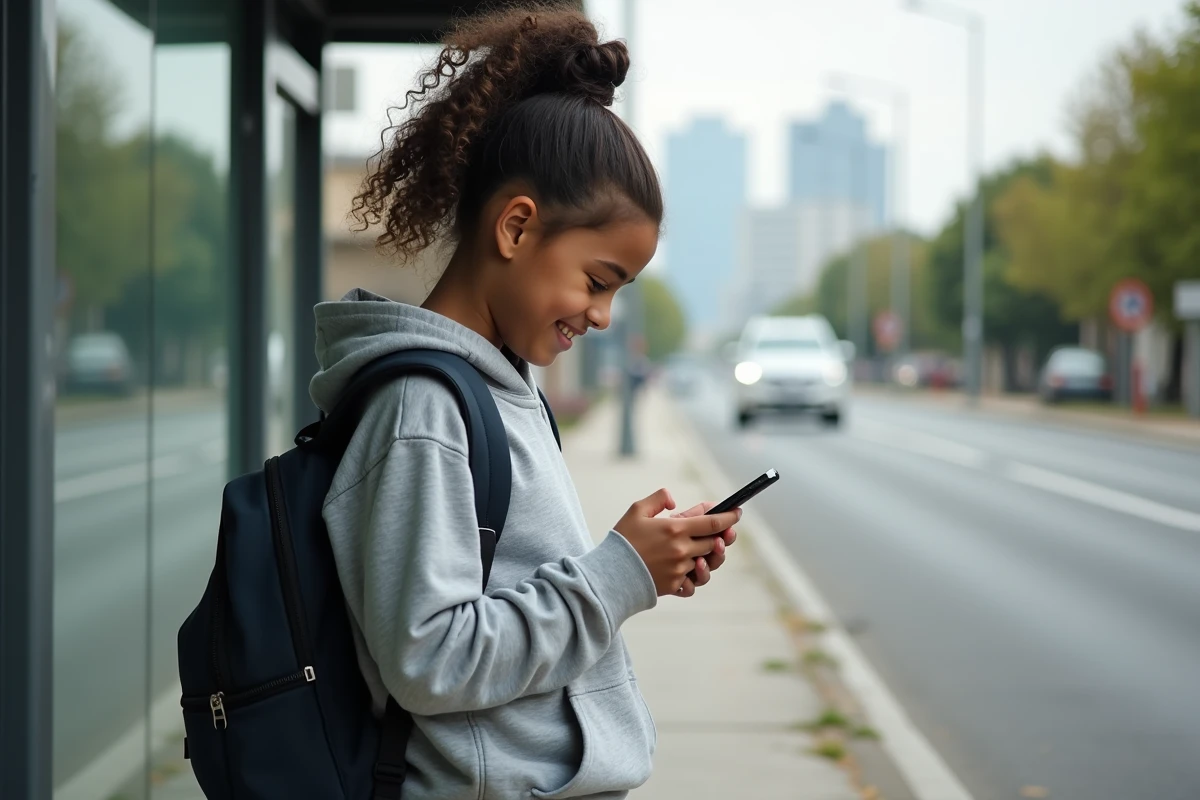 Fille de 12 ans au bus avec son smartphone