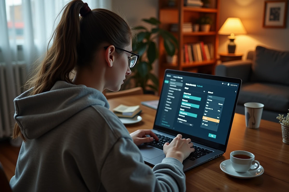 Adolescente ajustant les param&egrave;tres de jeu sur son ordinateur portable