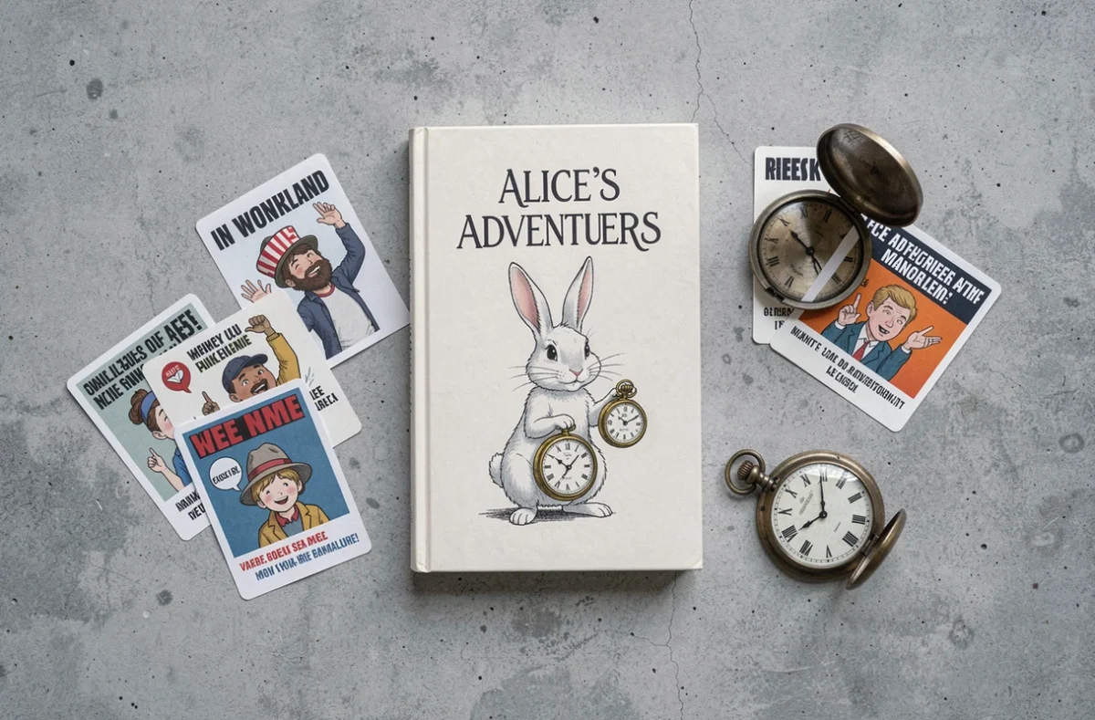 Flat lay vue de dessus du livre Alice au Pays des Merveilles avec montre de poche vintage et cartes de mèmes imprimés sur surface en béton