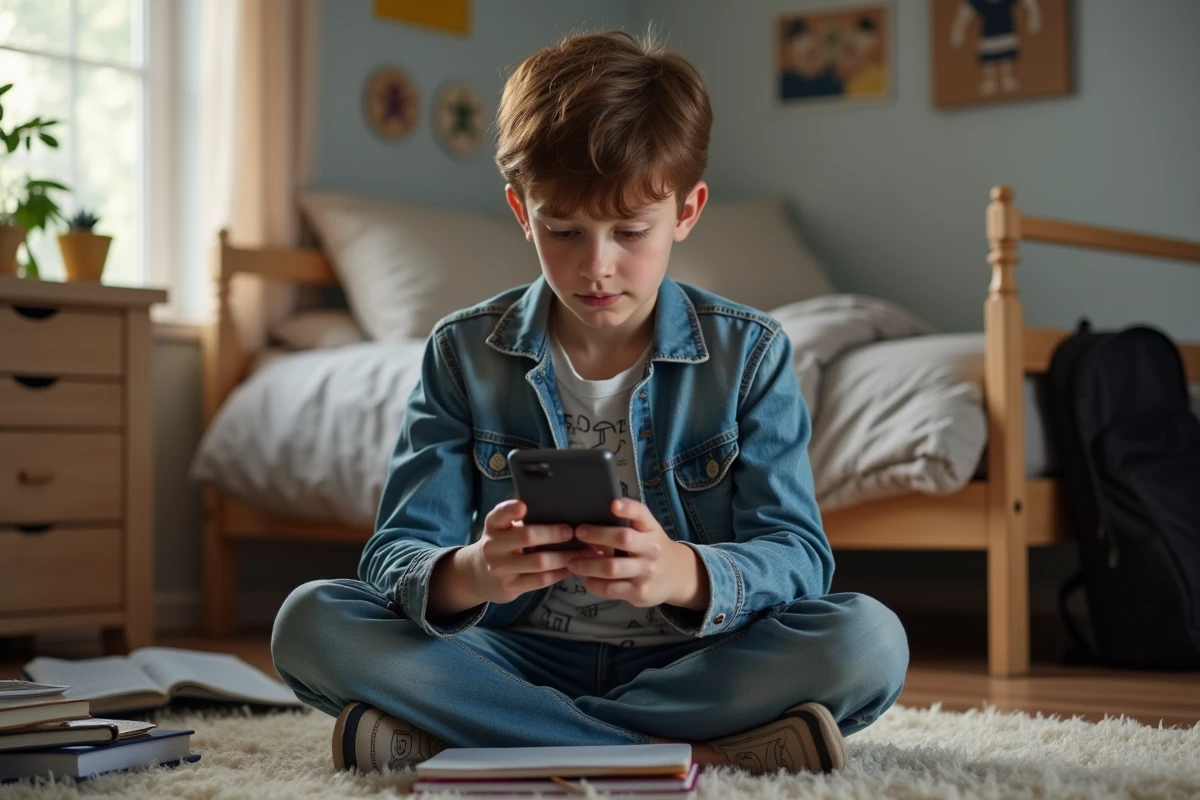 Garçon de 13 ans avec smartphone dans sa chambre