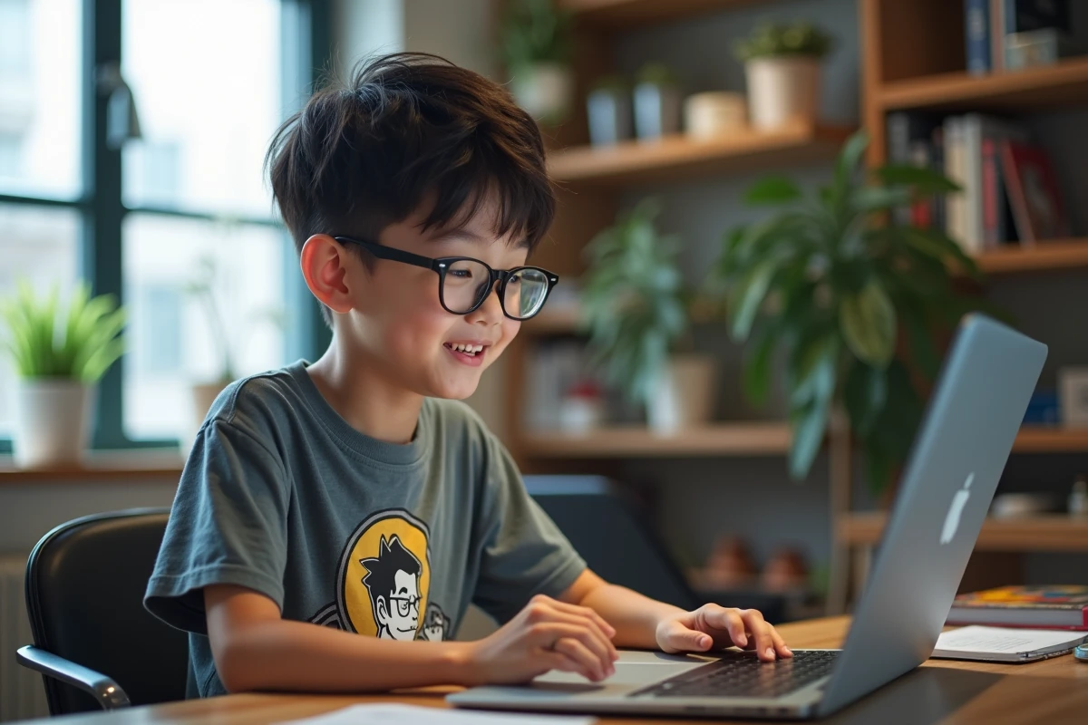 Adolescent souriant regardant son laptop avec notification manga