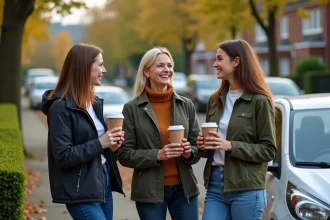 Quatre amis souriants avec des tasses réutilisables près d'une voiture