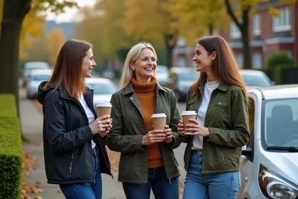Quatre amis souriants avec des tasses réutilisables près d'une voiture