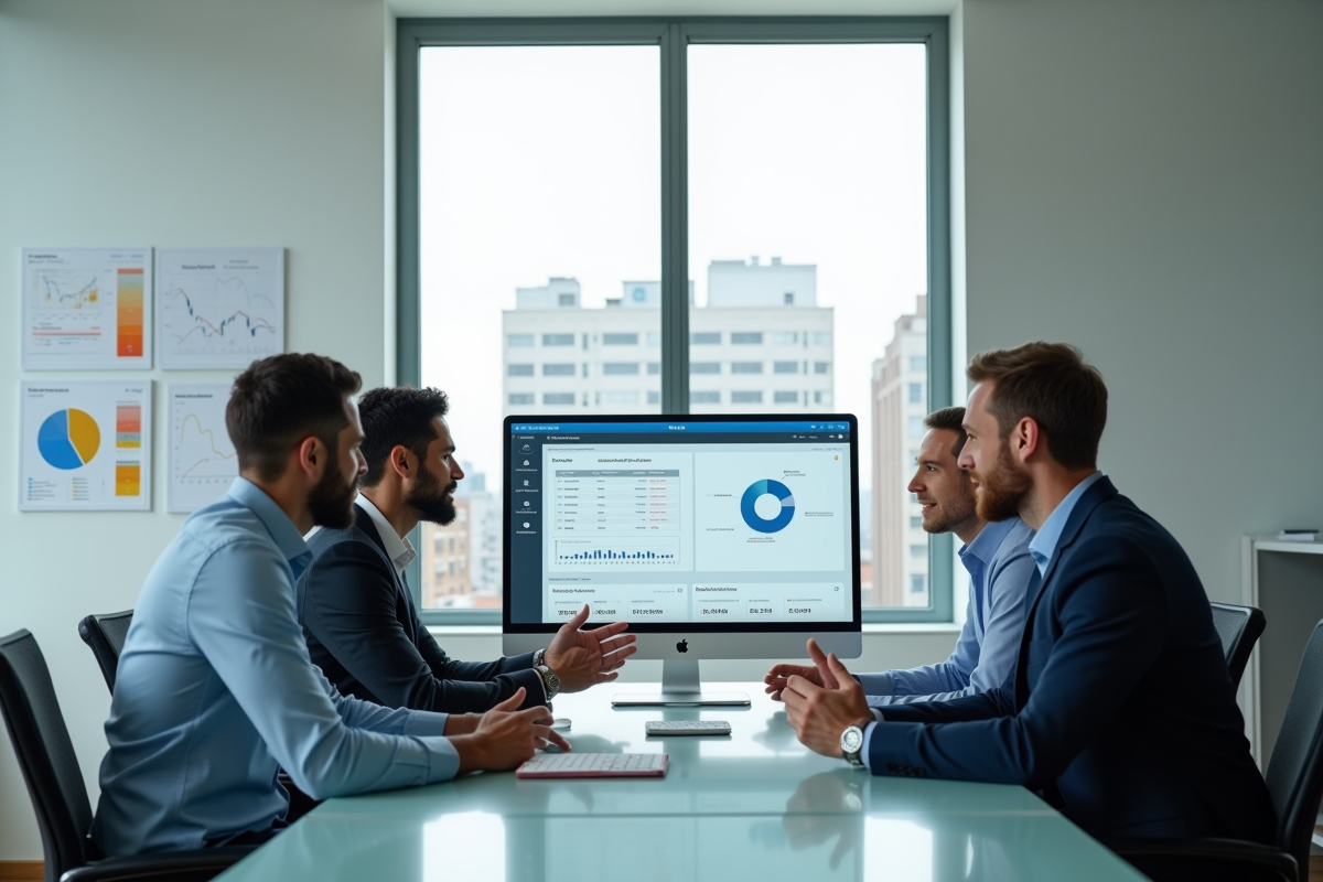 Groupe de collègues discutant d’un tableau de paie
