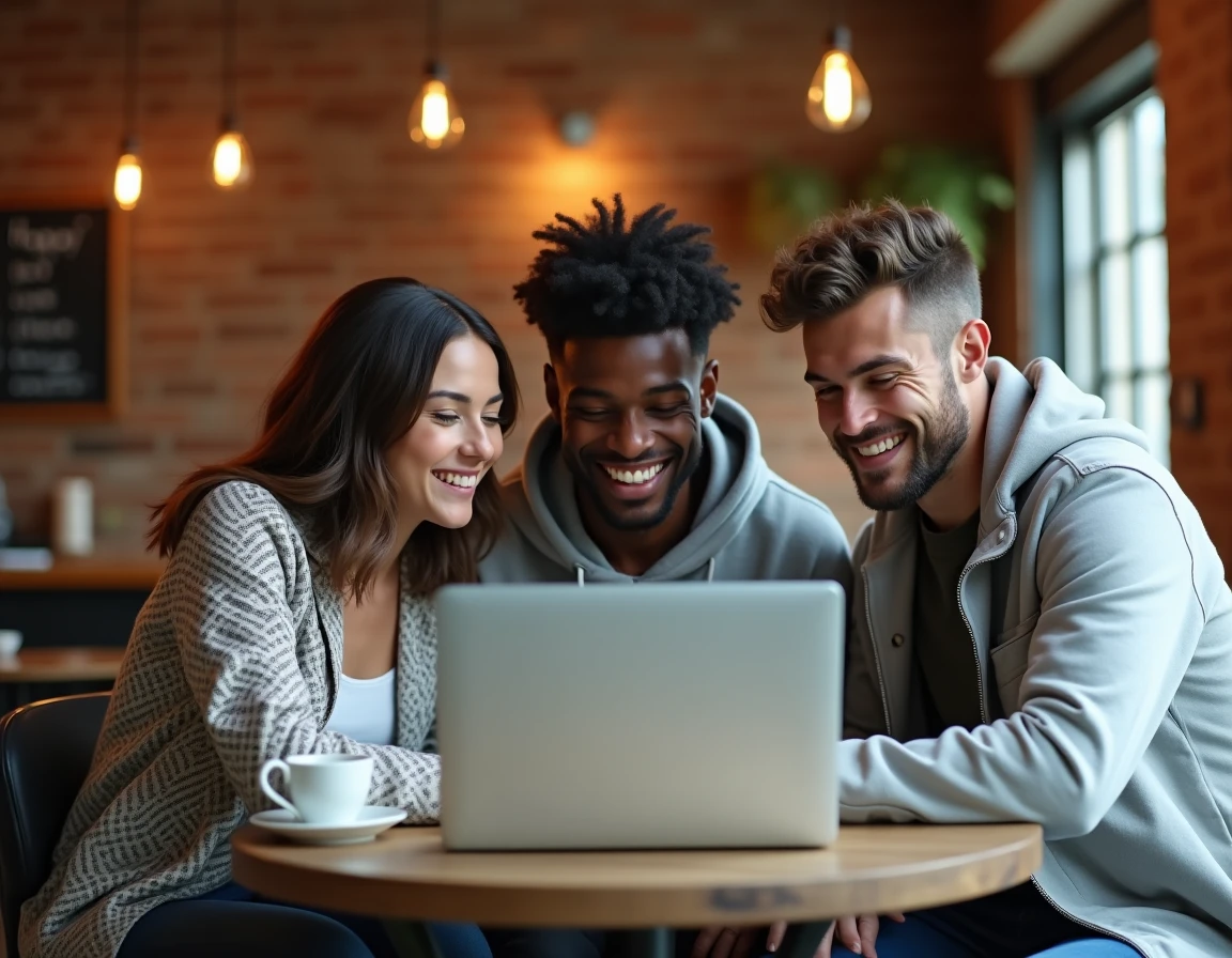 Groupe de jeunes adultes discutant autour d'un ordinateur portable dans un café urbain, échangeant sur les nouvelles tendances numériques