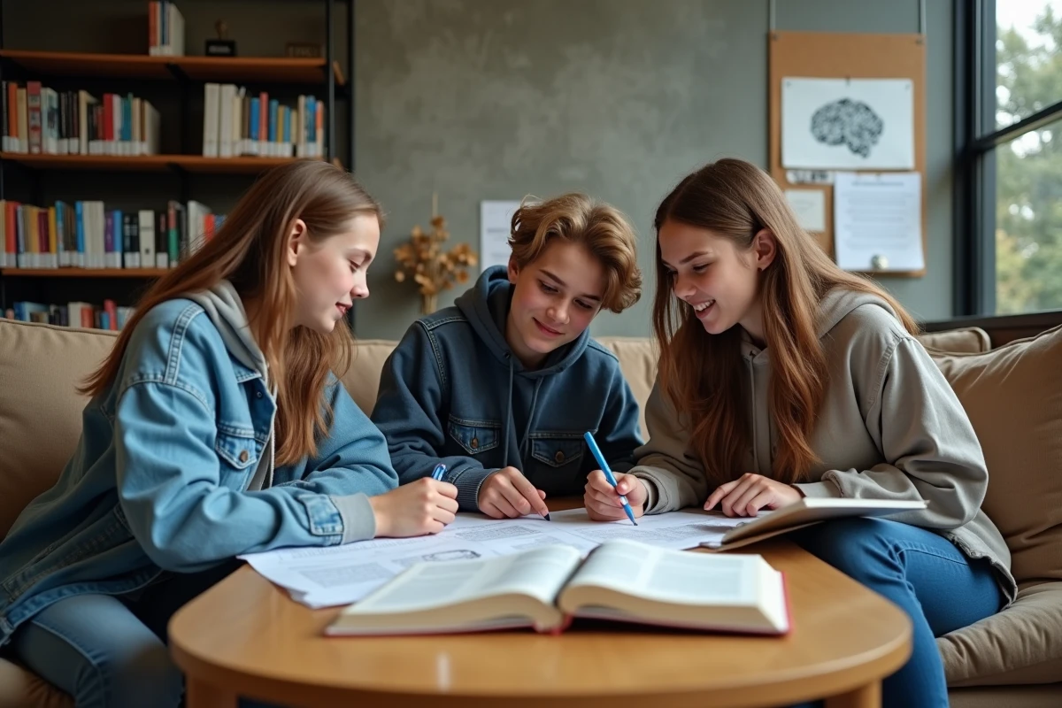 Groupe de lycéens discutant de la définition philosophique de l'art en préparation du baccalauréat dans une bibliothèque scolaire