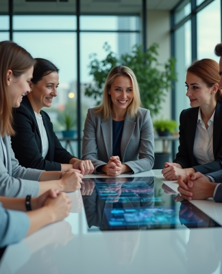 Groupe de professionnels autour d'une table numérique