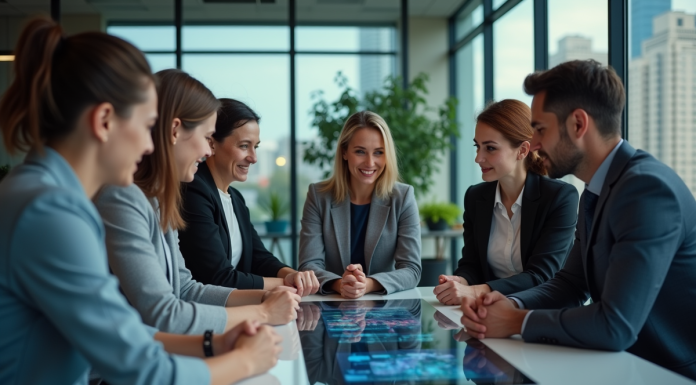 Groupe de professionnels autour d'une table numérique