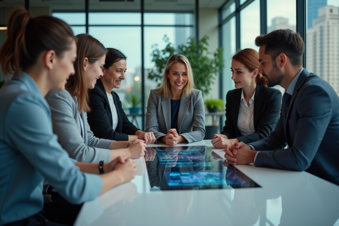 groupe-professionnels-table-digitale Groupe de professionnels autour d'une table numérique