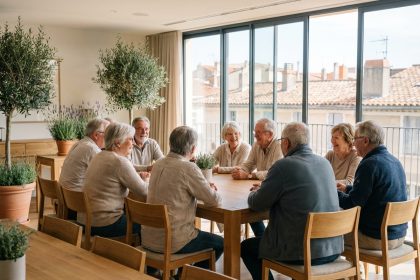 Groupe de seniors discutant dans une résidence à Marseille