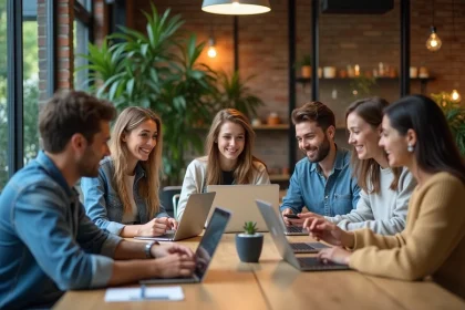 Jeunes adultes en coworking avec laptops et smartphones