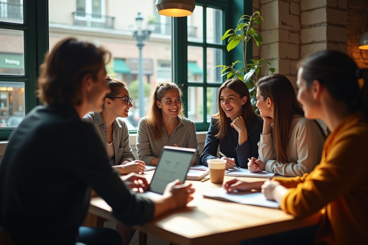 Groupe diversifié en brainstorming dans un espace café lumineux