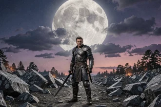 Un guerrier en armure sombre face à une lune démoniaque menaçante dans un paysage rocailleux nocturne