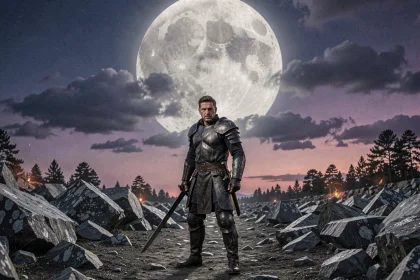 Un guerrier en armure sombre face à une lune démoniaque menaçante dans un paysage rocailleux nocturne