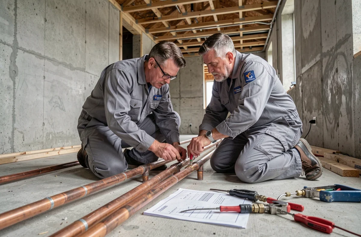 Équipe de Guillaume SARL en train d'installer des canalisations en cuivre dans un chantier