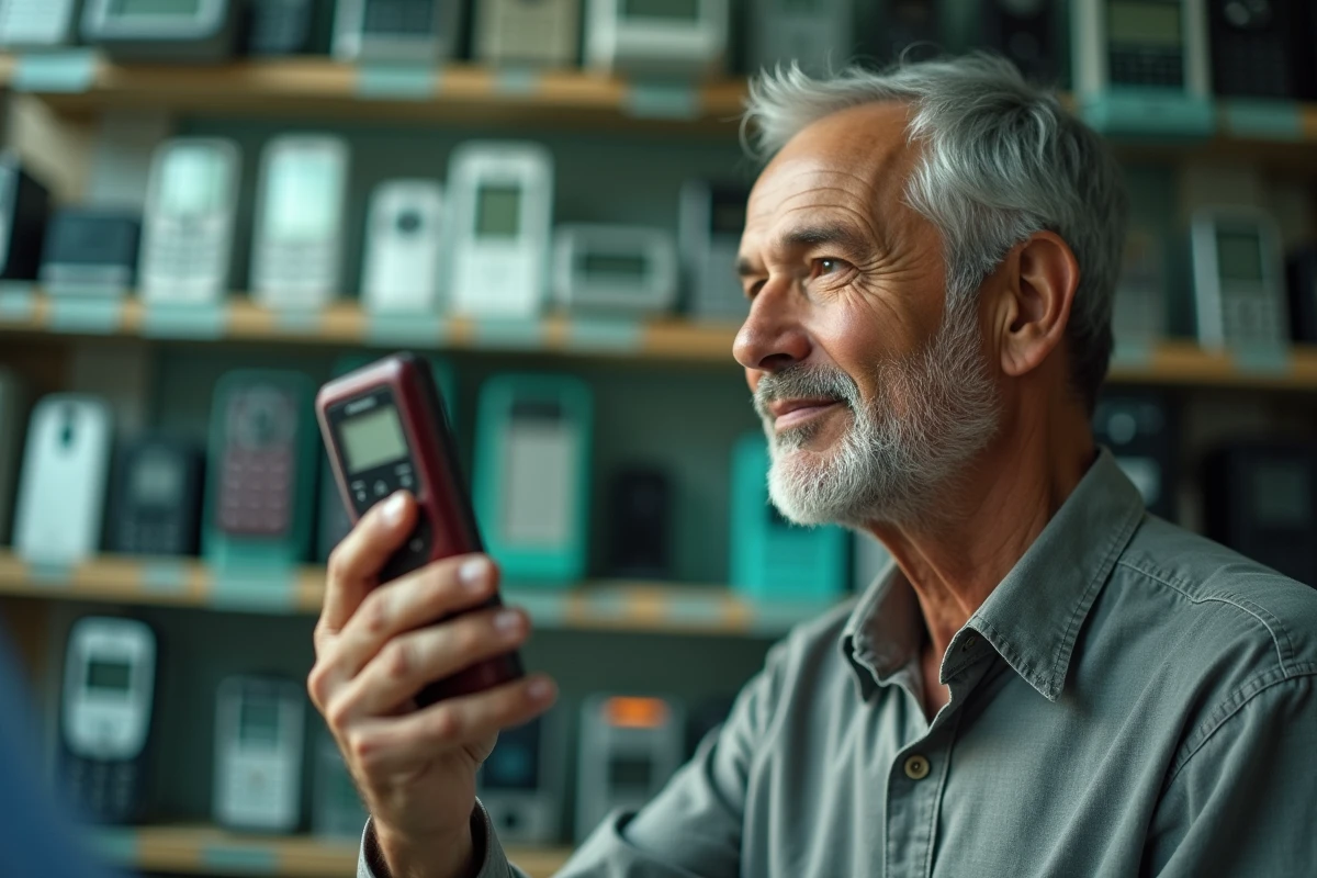 Homme adulte examinant un Nokia ancien modèle dans une boutique de téléphones d'occasion avec des étagères d'appareils vintage en arrière-plan