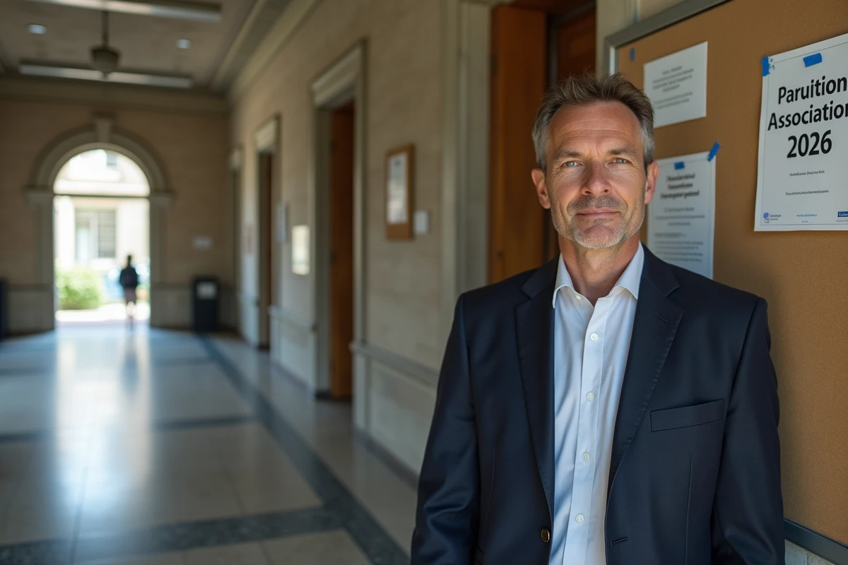 Homme administratif fran&ccedil;ais affiche une annonce dans un b&acirc;timent officiel