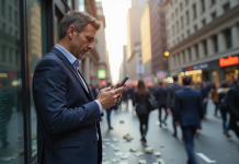 Homme d'affaires en costume regarde son smartphone avec inquiétude dans la ville