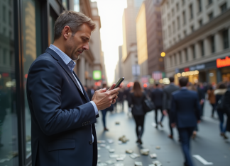 Bourse : enquête sur la destination de l’argent perdu en bourse Homme d'affaires en costume regarde son smartphone avec inquiétude dans la ville