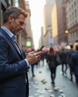 Homme d'affaires en costume regarde son smartphone avec inquiétude dans la ville