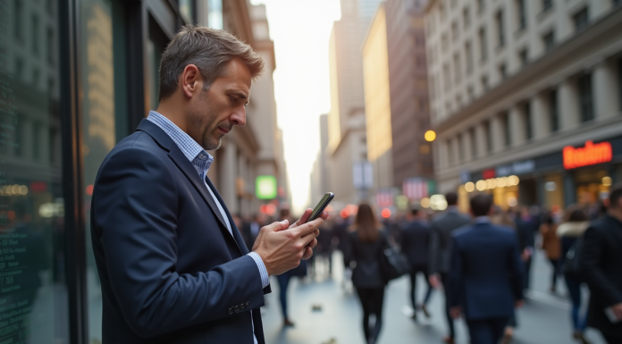 Homme d'affaires en costume regarde son smartphone avec inquiétude dans la ville