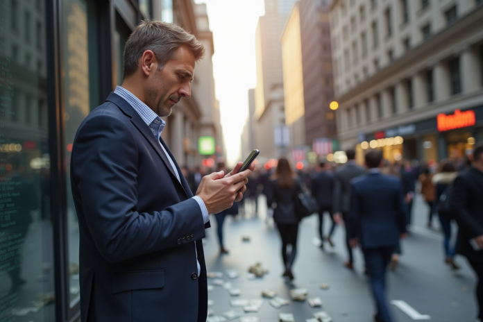 homme-affaires-banque-argent Homme d'affaires en costume regarde son smartphone avec inquiétude dans la ville