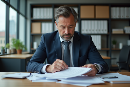 Homme d'affaires en costume bleu examinant des documents fiscaux