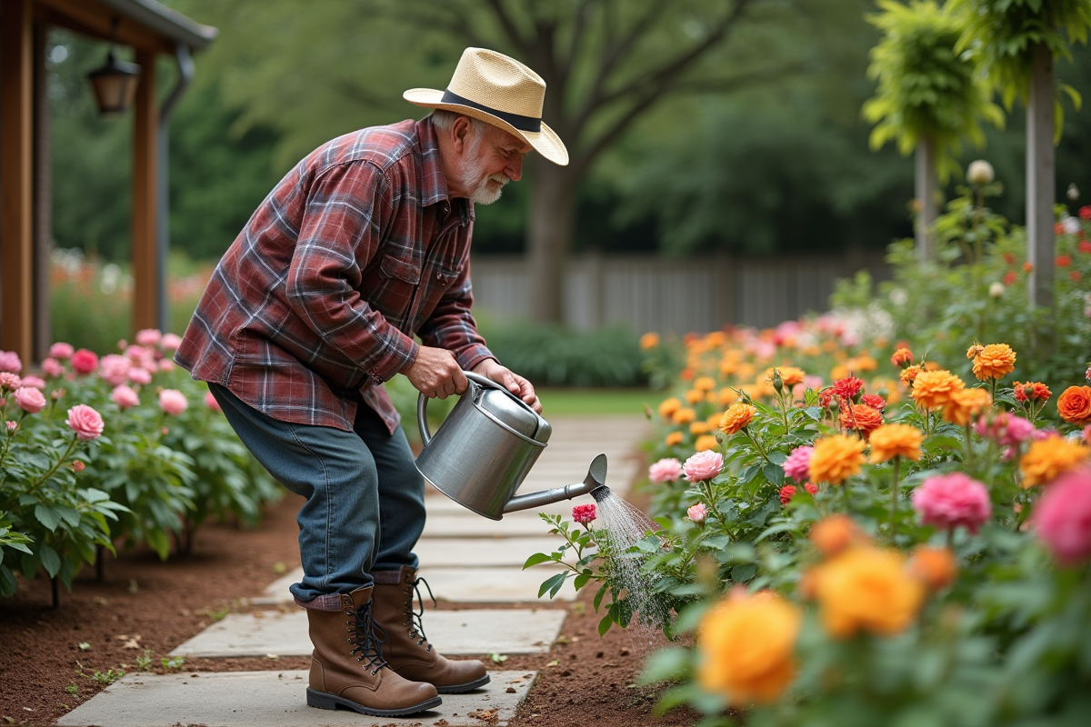 Homme âgé arrosant un massif de fleurs dans le jardin