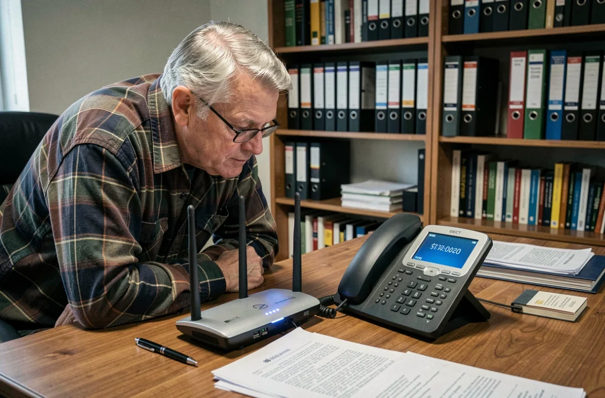 Homme âgé observant un numéro inconnu avec indicatif 34 affiché sur un téléphone fixe DECT connecté à une box internet