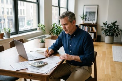 Homme travaillant à son bureau sur des finances personnelles