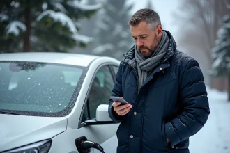 Homme en manteau hiver vérifiant son smartphone près d'une voiture électrique enneigée
