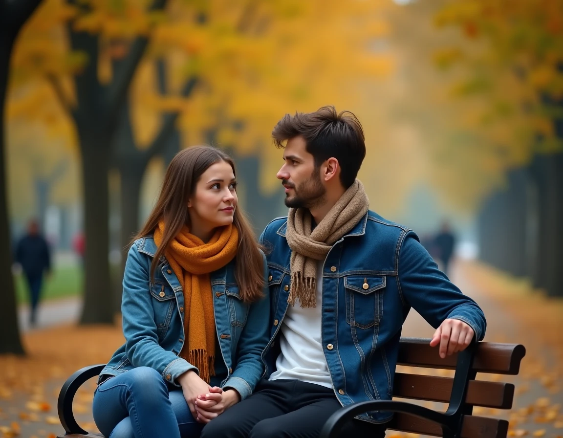 Homme se confiant à une femme sur un banc de parc en automne, moment de confidence et de connexion émotionnelle