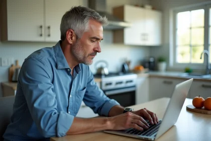 Homme d'&acirc;ge moyen travaillant sur son ordinateur dans la cuisine