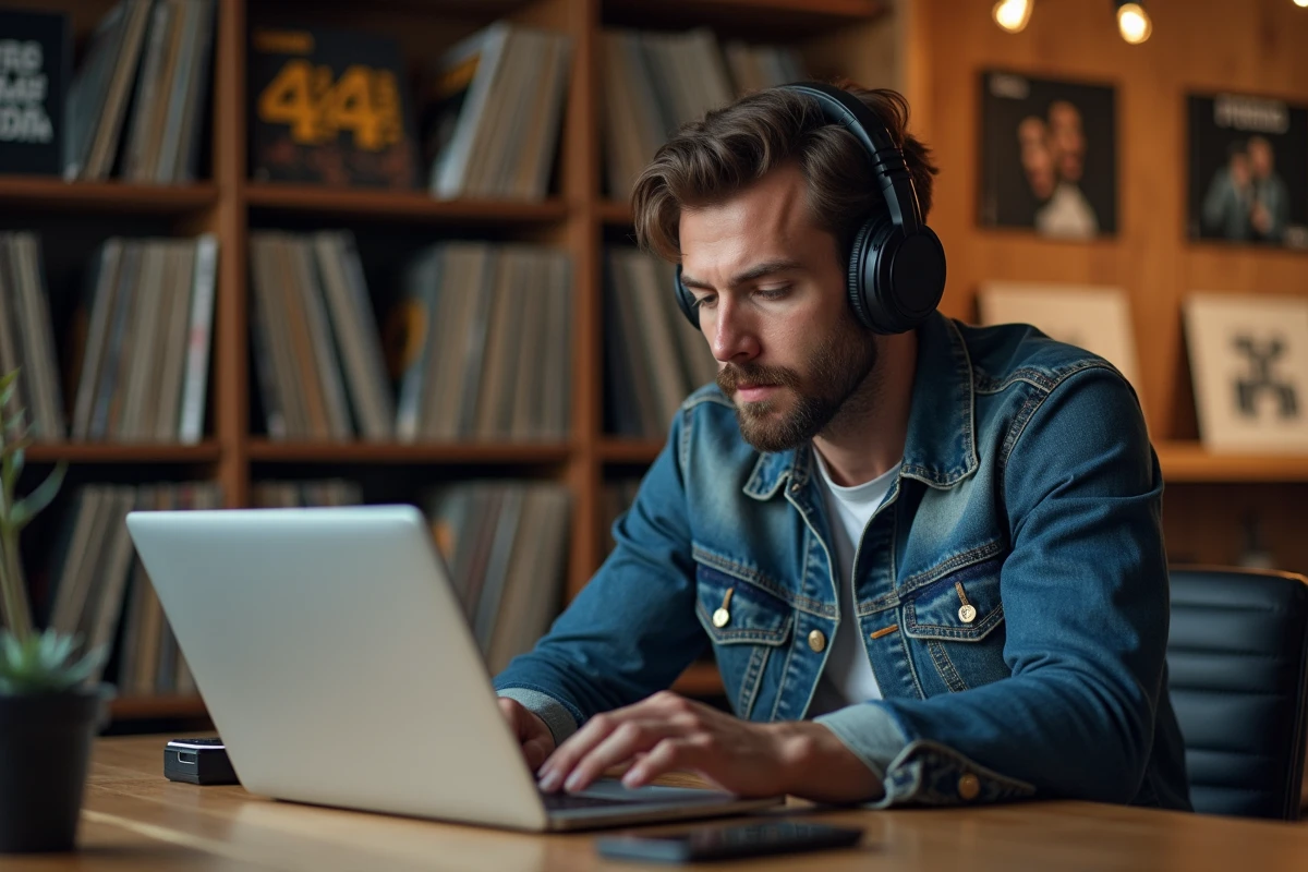 Homme en denim et casque concentré sur son ordinateur dans un bureau vintage