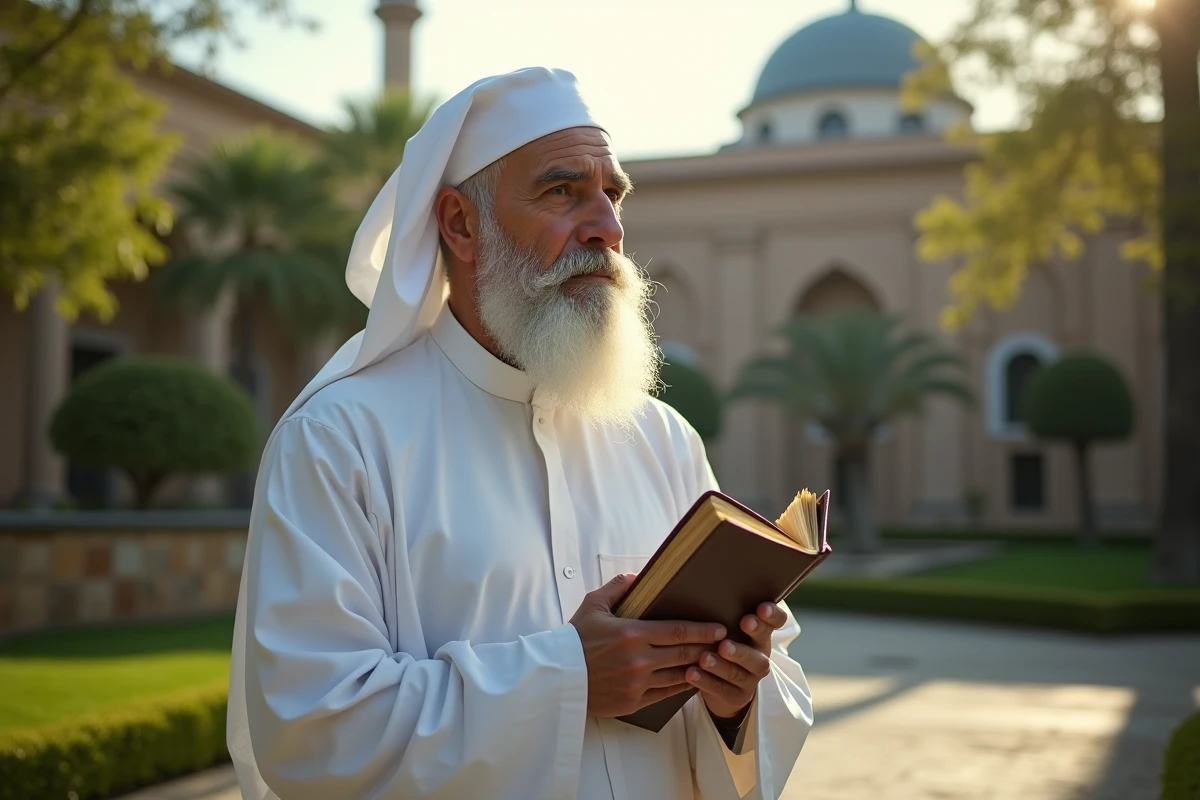 Homme musulman âgé en prière dans un jardin paisible