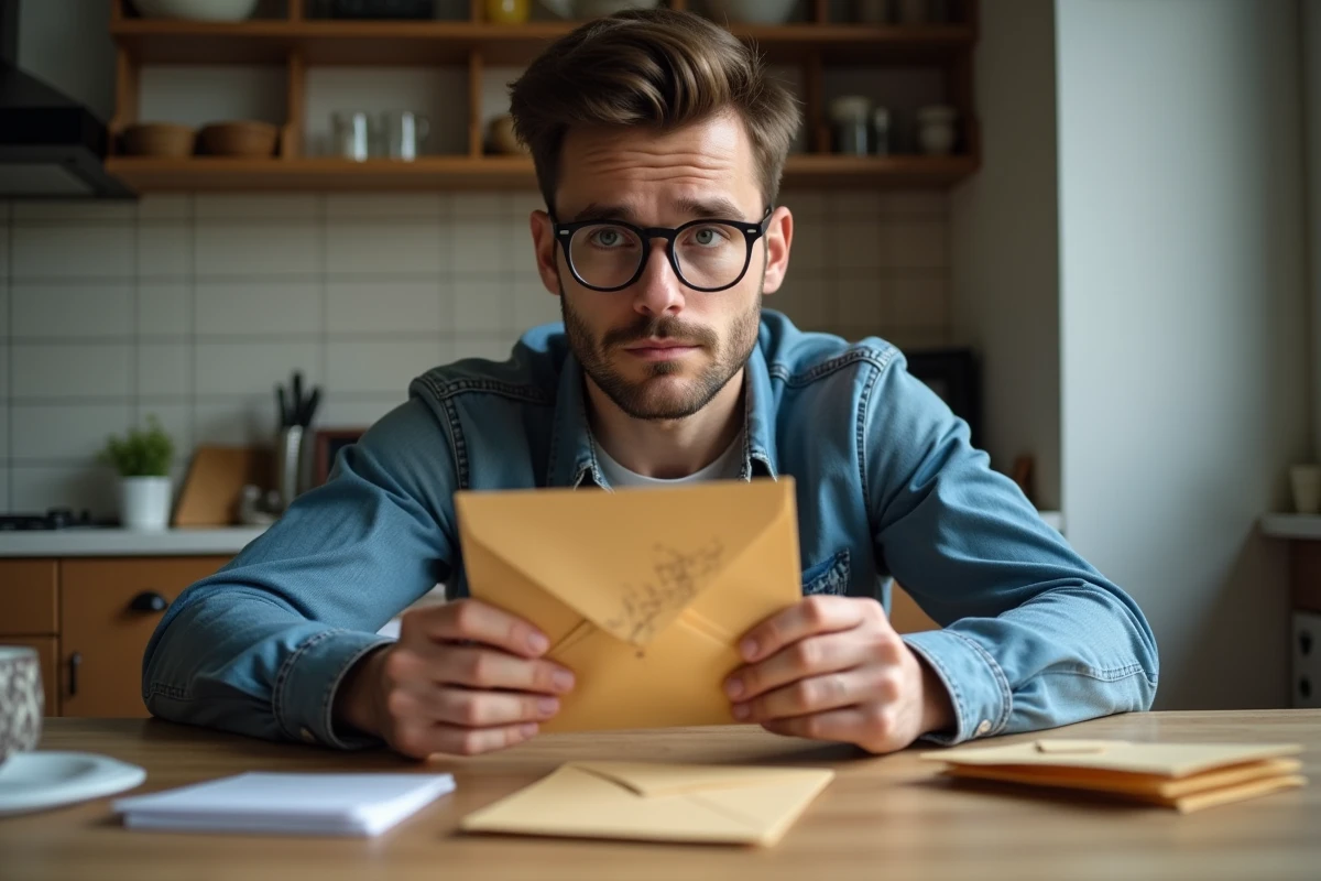 Jeune homme examinant une enveloppe froissée avec un cachet postal effacé dans une cuisine d'appartement