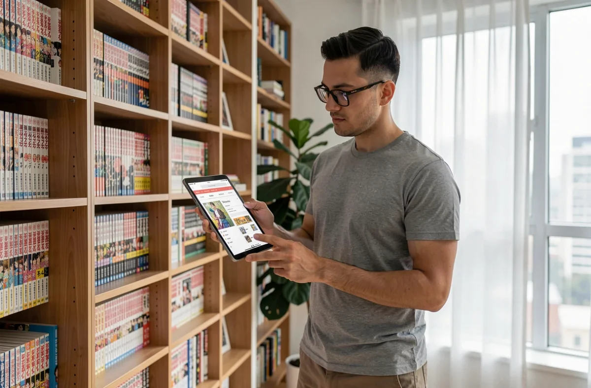 Homme consultant un site de filtres manga sur tablette devant une grande bibliothèque de mangas dans un appartement moderne